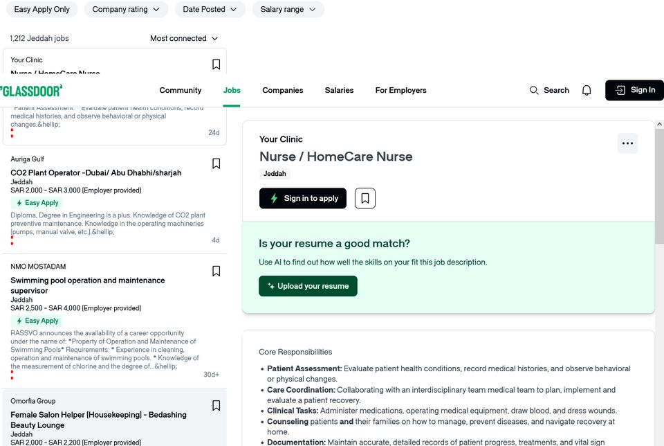 نتائج البحث عن وظائف في جدة على Glassdoor مع الفلاتر ونطاقات الرواتب