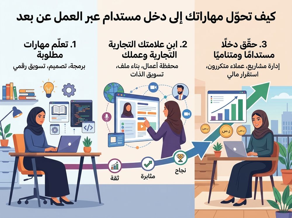 انفوجرافيك يوضح مراحل تحويل المهارة إلى دخل مستدام عبر العمل عن بُعد