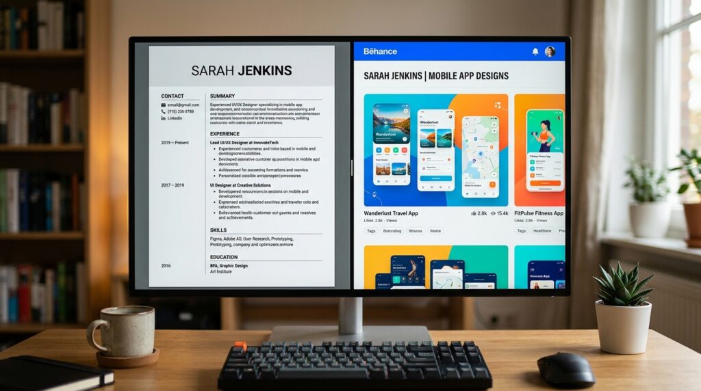 مقارنة مرئية بين السيرة الذاتية التقليدية والبورتفوليو الرقمي التفاعلي.